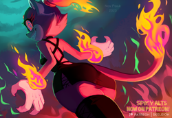 Size: 1000x688 | Tagged: safe, artist:skeleion, blaze the cat (sonic), cat, feline, mammal, anthro, sega, sonic the hedgehog (series), 2023, black nose, bottomwear, breasts, clothes, crop top, detailed background, digital art, ears, eyelashes, female, fire, fur, hair, legwear, looking at you, looking back, looking back at you, rear view, sideboob, skirt, smiling, smiling at you, solo, solo female, stockings, tail, thighs, topwear, wide hips