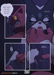 Size: 900x1238 | Tagged: suggestive, artist:agious, fictional species, incineroar, mammal, meowscarada, anthro, comic:dream hunt, nintendo, pokémon, spoiler:pokémon gen 9, spoiler:pokémon scarlet and violet, 2023, bedroom eyes, comic, detailed background, dialogue, duo, duo male and female, ears, eyelashes, eyes closed, female, fingering, forest, fur, gritted teeth, hair, indoors, insertion, male, mask, open mouth, pink nose, plant, sharp teeth, speech bubble, starter pokémon, suckling, talking, teeth, text, tongue, tongue out, tree