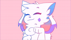Size: 1280x720 | Tagged: safe, artist:typh, oc, oc only, oc:crystal (kittydogcrystal), canine, cat, dog, feline, fictional species, hybrid, kittydog (species), mammal, anthro, 2018, 2d, 2d animation, animated, animation meme, blue background, blue eyes, blue inner ear, blue sclera, colored sclera, female, gift art, heart, heterochromia, looking at you, no sound, paws, pink background, pink eyes, pink sclera, simple background, solo, solo female, sound at source, tongue, tongue out, webm, white heart, wings