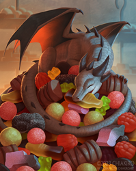 Size: 716x900 | Tagged: source needed, safe, artist:chiakiro, dragon, fictional species, feral, 2023, 2d, ambiguous gender, bowl, candy, container, detailed background, digital art, eyes closed, food, fruit, gummy, gummy bear, happy, horns, scales, solo, solo ambiguous, tail, watermark, wings