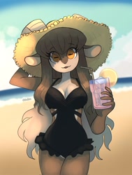 Size: 1552x2048 | Tagged: safe, artist:okaliz, oc, oc:adeline (okaliz), bovid, caprine, goat, mammal, anthro, 2023, 2d, arm behind head, beach, big breasts, breasts, cleavage, clothes, countershading, cute, depth of field, drink, female, food, fruit, hair, hat, headwear, horizontal pupils, horns, lemon, long hair, looking at you, one-piece swimsuit, outdoors, smiling, smiling at you, solo, solo female, sun hat, swimsuit, ungulate