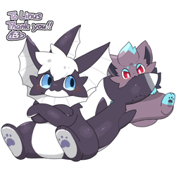 Size: 960x960 | Tagged: safe, artist:tontaro, oc, eeveelution, fictional species, mammal, shiny pokémon, vaporeon, zorua, feral, nintendo, pokémon, 2023, 2d, 2d animation, ambiguous gender, ambiguous only, animated, biting, blushing, commission, countershading, duo, duo ambiguous, ears, english text, fins, fur, gif, paw pads, paws, signature, simple background, tail, tail bite, tail wag, text, white background