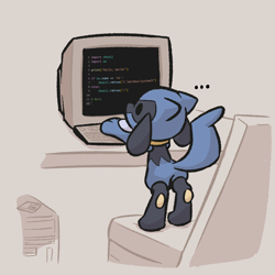 Size: 1024x1024 | Tagged: safe, artist:advosart, fictional species, mammal, riolu, anthro, digitigrade anthro, nintendo, pokémon, 2023, ambiguous gender, butt, chair, computer, detailed background, ears, fur, monitor, rear view, solo, solo ambiguous, table, tail