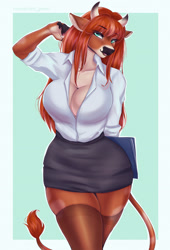 Size: 1583x2328 | Tagged: safe, artist:hierophant green, oc, oc only, bovid, cattle, cow, mammal, anthro, 2023, black nose, border, bottomwear, breasts, clothes, commission, ears, eyelashes, female, fur, hair, legwear, outline, shirt, simple background, skirt, solo, solo female, stockings, tail, thighs, topwear, white border, white outline, wide hips