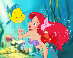 Size: 800x644 | Tagged: safe, artist:nippy13, ariel (the little mermaid), flounder (the little mermaid), arthropod, crab, crustacean, fictional species, fish, mammal, mermaid, feral, humanoid, disney, the little mermaid (disney), female, group, hair, light skin, male, ocean, on model, red hair, sebastian (the little mermaid), smiling, underwater, water