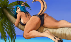 Size: 1280x751 | Tagged: suggestive, artist:smiju, artist:totesfleisch8, collaboration, oc, oc:layla (mrdirt), antelope, bovid, gazelle, mammal, anthro, 2023, amber eyes, bite mark, breasts, butt, clothes, cloven hooves, dewclaw, ears, female, fur, hair, hooves, horns, looking at you, looking back, looking back at you, lying down, ocean, one-piece swimsuit, outdoors, palm tree, plant, prone, sideboob, smiling, smiling at you, solo, solo female, swimsuit, tail, tan body, tan fur, teal hair, tree, water
