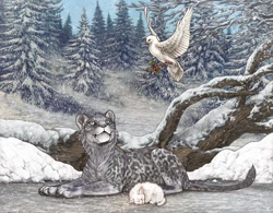 Size: 640x500 | Tagged: safe, official art, big cat, bird, cat, feline, mammal, snow leopard, feral, lifelike feral, ambiguous gender, ambiguous only, group, holly, lioden, looking at another, looking at someone, non-sapient, outdoors, plant, realistic, snow, tree, trio, trio ambiguous, winter