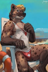 Size: 859x1280 | Tagged: source needed, suggestive, artist:juiceps, hyena, mammal, anthro, 2023, beach, blonde hair, blue eyes, bottomwear, brown body, brown fur, clothes, fur, hair, lifeguard, looking at you, male, outdoors, signature, sitting, solo, solo male, speedo, spots, spotted fur, topwear, whistle