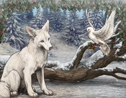 Size: 640x500 | Tagged: safe, official art, bird, canine, dove, fox, mammal, ambiguous gender, ambiguous only, christmas, duo, duo ambiguous, feathers, flying, fur, holiday, lioden, snow, white body, white feathers, white fur, winter