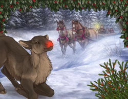 Size: 640x500 | Tagged: safe, official art, cervid, deer, equine, horse, mammal, reindeer, feral, ambiguous gender, brown body, brown fur, christmas, fur, group, holiday, holly, outdoors, snow, winter