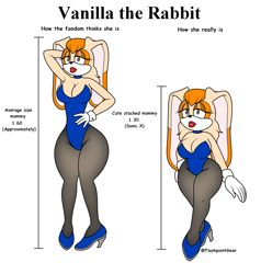Size: 1900x2000 | Tagged: safe, artist:flashpointgear, vanilla the rabbit (sonic), lagomorph, mammal, rabbit, anthro, plantigrade anthro, sega, sonic the hedgehog (series), sonic x, arms behind head, bedroom eyes, big breasts, breasts, bunny ears, bunny suit, cleavage, clothes, eyelashes, female, females only, gloves, high heels, leotard, lipstick, makeup, mature, mature female, multeity, shoes, simple background, size chart, solo, solo female, white background