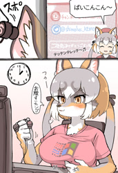 Size: 996x1460 | Tagged: safe, artist:tanaka kusao, animal humanoid, canine, fictional species, fox, island fox, mammal, anthro, humanoid, kemono friends, 2020, big breasts, breasts, clock, close-up, clothes, ear fluff, earbuds, female, fluff, fur, furrified, gray hair, hair, headphones, headwear, island fox (kemono friends), kemono friends v project, keyboard, long hair, monitor, multicolored fur, multicolored hair, scratching, shirt, simple background, smiling, snout, solo, solo female, streaming, topwear, twintails, vtuber, white hair, windows xp, yellow eyes