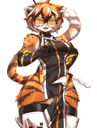 Size: 1560x2048 | Tagged: safe, artist:tofffffu, waaifu (arknights), big cat, feline, mammal, tiger, anthro, arknights, breasts, clothes, dagger, female, fur, glasses, hair, looking at you, multicolored body, multicolored fur, multicolored hair, open mouth, orange eyes, round glasses, simple background, solo, solo female, tail, tongue, torn clothes, weapon, white background