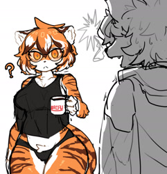 Size: 2048x2124 | Tagged: safe, artist:tofffffu, aak (arknights), waaifu (arknights), big cat, cat, feline, mammal, tiger, anthro, arknights, blushing, breasts, clothes, duo, female, fur, glasses, hair, mug, multicolored body, multicolored fur, multicolored hair, orange eyes, question mark, round glasses, simple background, solo, solo female, tail, white background