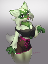 Size: 600x800 | Tagged: suggestive, artist:rosemary02, fictional species, floragato, anthro, nintendo, pokémon, spoiler:pokémon gen 9, spoiler:pokémon scarlet and violet, 2023, areola, areola slip, bottomwear, breasts, clothes, crop top, cropped shirt, female, looking at you, midriff, open mouth, open smile, shorts, smiling, smiling at you, solo, solo female, starter pokémon, tank top, topwear