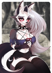 Size: 1500x2083 | Tagged: safe, artist:fullpillow, loona (vivzmind), canine, fictional species, hellhound, mammal, anthro, hazbin hotel, helluva boss, 2023, belly button, big breasts, black nose, border, bottomwear, breasts, cell phone, cheek fluff, cleavage, clothes, colored sclera, crop top, cropped shirt, detailed background, digital art, ear fluff, ears, eyelashes, female, fingerless gloves, fluff, fur, gloves, hair, legwear, looking at you, outline, phone, pose, red sclera, shorts, sitting, smartphone, solo, solo female, stockings, tail, tail fluff, thighs, topwear, white border, white outline, wide hips