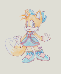 Size: 1676x2048 | Tagged: safe, artist:yuriannecat, miles "tails" prower (sonic), canine, fox, mammal, anthro, sega, sonic the hedgehog (series), boots, bottomwear, bow, clothes, cute, dress, female, gray background, looking at you, mtf transgender, open mouth, open smile, shoes, signature, simple background, smiling, solo, solo female, transgender