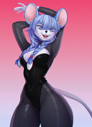 Size: 1200x1646 | Tagged: safe, artist:butterflysneeze, oc, oc only, mammal, mouse, rodent, 2023, armpits, arms behind head, belly button, breasts, clothes, commission, digital art, ears, eyelashes, female, fur, hair, leotard, open mouth, pose, simple background, solo, solo female, tongue, wide hips, ych result