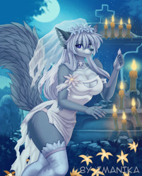 Size: 748x930 | Tagged: safe, alternate version, artist:imanika, oc, oc only, canine, mammal, wolf, 2023, belly button, breasts, bridle, clothes, commission, detailed background, digital art, dress, ears, eyelashes, female, fur, hair, legwear, looking at you, pose, solo, solo female, stockings, tack, torn clothes, wedding dress, wide hips, ych result