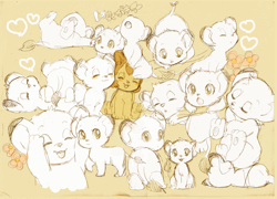 Size: 1800x1296 | Tagged: safe, artist:yukke, kimba (kimba), big cat, feline, lion, mammal, feral, kimba the white lion (series), tezuka productions, 2008, ambiguous gender, cub, cute, duo, simple background, yellow background, young