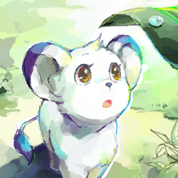 Size: 300x300 | Tagged: safe, artist:remyu, kimba (kimba), big cat, feline, lion, mammal, feral, kimba the white lion (series), tezuka productions, 2008, ambiguous gender, brown eyes, cub, cute, droplets, fur, leaf, low res, male, solo, solo male, white body, white fur, young