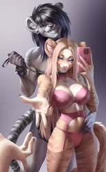 Size: 1243x2000 | Tagged: safe, artist:p.a.u.l, oc, oc only, oc x oc, feline, mammal, anthro, 2023, anthro/anthro, belly button, bottomwear, bra, breasts, cell phone, clothes, commission, detailed background, digital art, duo, duo male and female, ears, eyelashes, female, fur, garter belt, hair, hair over one eye, looking at you, male, male/female, panties, pecs, phone, pose, shipping, shorts, size difference, smartphone, underwear, wide hips