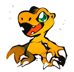 Size: 1280x1255 | Tagged: safe, artist:ache13337003, agumon, fictional species, semi-anthro, digimon, ambiguous gender, open mouth, open smile, simple background, smiling, solo, white background, yellow body