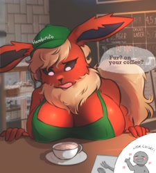 Size: 1800x2000 | Tagged: suggestive, artist:hambinito, oc, oc:anon, eeveelution, fictional species, flareon, mammal, anthro, nintendo, pokémon, 2023, apron, bent over, black nose, blood, breast rest, breast squish, breasts, cafe, cap, clothes, coffee, coffee cup, dialogue, digital art, drink, ears, eyelashes, eyes closed, female, fluff, fur, hair, hat, headwear, i mean breast milk, meme, naked apron, neck fluff, nosebleed, nudity, open mouth, partial nudity, picture-in-picture, solo, solo female, speech bubble, tail, talking, text, thighs, thumbs up, tongue, wide hips