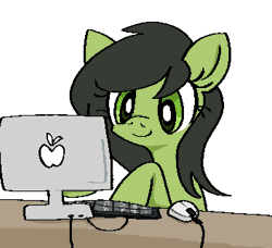 Size: 352x321 | Tagged: safe, artist:muffinz, oc, oc only, oc:filly anon, earth pony, equine, fictional species, mammal, pony, feral, apple (company), hasbro, my little pony, agony, animated, bedroom eyes, black hair, black mane, bored, computer, cute, fear, female, filly, foal, fur, gif, green body, green eyes, green fur, hair, keyboard, long hair, low res, mane, messy hair, messy mane, noseless, open mouth, screaming, simple background, solo, solo female, tired, white background, why, young
