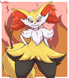 Size: 4872x5500 | Tagged: suggestive, artist:an-tonio, braixen, fictional species, anthro, nintendo, pokémon, 2023, angry, bedroom eyes, black nose, blushing, border, clothes, digital art, ear fluff, ears, embarrassed, eyelashes, female, fire background, fluff, fur, hand on hip, hip fluff, looking at you, neck fluff, panties, partial nudity, shoulder fluff, simple background, solo, solo female, starter pokémon, stick, tail, thighs, topless, tsundere, unamused, underwear, white border, wide hips