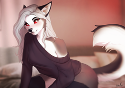 Size: 2283x1614 | Tagged: safe, artist:rrrs, loona (vivzmind), canine, fictional species, hellhound, mammal, anthro, hazbin hotel, helluva boss, 2023, bottomless, clothes, female, nudity, off shoulder, partial nudity, solo, solo female, sweater, tail, thick thighs, thighs, topwear, wide hips
