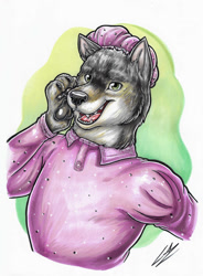 Size: 828x1125 | Tagged: safe, artist:lupiarts, canine, mammal, wolf, anthro, dreamworks animation, shrek, 2022, 2d, big bad wolf (shrek), looking at you, male, nightcap, open mouth, open smile, pajamas, paw pads, paws, signature, smiling, smiling at you, solo, solo male, traditional art