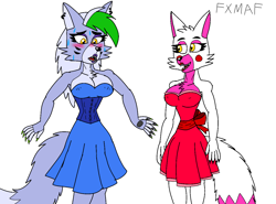 Size: 1190x880 | Tagged: safe, artist:fxmaf, mangle (fnaf), roxanne wolf (fnaf), canine, fox, mammal, wolf, anthro, five nights at freddy's, five nights at freddy's: security breach, 2023, 5 fingers, abs, big breasts, blushing, bottomwear, breasts, cheek fluff, chest fluff, claws, cleavage, clothes, corset, curvy, dipstick tail, dress, duo, ear piercing, female, females only, fluff, fur, gray body, gray fur, green hair, hair, lipstick, long hair, long tail, looking down, makeup, muscles, nipple outline, paw pads, paws, piercing, pink body, pink fur, sharp teeth, simple background, strapless, sweat, tail, teeth, white background, white body, white fur, wide hips, yellow eyes