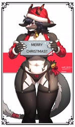 Size: 1715x2881 | Tagged: safe, artist:pgm300, oc, oc only, dragon, fictional species, furred dragon, anthro, 2020, bedroom eyes, belly button, bikini, breasts, christmas, clothes, detailed background, digital art, dragoness, ears, eyelashes, female, fur, hair, hat, headwear, holiday, legwear, looking away, pose, santa hat, solo, solo female, stockings, swimsuit, tsundere, wide hips