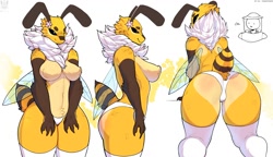 Size: 3134x1800 | Tagged: suggestive, artist:claweddrip, oc, oc only, arthropod, bee, insect, anthro, 2021, belly button, breasts, butt, clothes, digital art, ears, eyelashes, female, fluff, fur, hair, legwear, neck fluff, nipple fluff, panties, partial nudity, picture-in-picture, pose, rear view, sideboob, simple background, solo, solo female, stockings, topless, underwear, white background, wide hips, wings