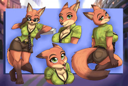 Size: 1024x693 | Tagged: safe, artist:saikyoryuuougi, nick wilde (zootopia), canine, fox, mammal, anthro, digitigrade anthro, disney, zootopia, 2023, belly button, bottomwear, breasts, bust portrait, butt, clothes, detailed background, digital art, ears, eyelashes, female, fur, glasses, looking at you, looking back, looking back at you, necktie, picture-in-picture, pose, rear view, rule 63, shirt, shorts, sideboob, solo, solo female, sunglasses, topwear, vixen, wide hips