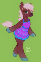Size: 769x1144 | Tagged: safe, artist:waspsalad, reneigh (animal crossing), equine, horse, mammal, anthro, animal crossing, animal crossing: new horizons, nintendo, 2d, blue eyes, bottomwear, brown body, brown fur, clothes, cute, dress, female, front view, fur, green background, hair, looking at you, mane, mare, signature, simple background, smiling, smiling at you, solo, solo female, tail, three-quarter view, ungulate, white hair, white mane, white tail