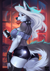 Size: 764x1082 | Tagged: suggestive, artist:sorafoxyteils, loona (vivzmind), canine, fictional species, hellhound, mammal, anthro, hazbin hotel, helluva boss, 2021, breasts, butt, cell phone, clothes, condom, condom in mouth, crop top, cropped shirt, female, hell, mouth hold, phone, rear view, smartphone, solo, solo female, topwear