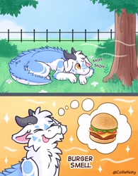 Size: 3202x4096 | Tagged: safe, artist:aldyderg, artist:coillenohy, oc, oc:aldy (aldyderg), dragon, fictional species, furred dragon, western dragon, feral, ambiguous gender, blue body, blue fur, burger, cheese, colored sclera, dairy products, fence, food, fur, horns, lettuce, meat, orange eyes, park, plant, smelling, solo, tomato, tree, vegetables, white body, white fur, yellow sclera