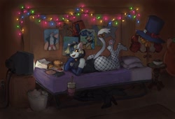 Size: 2841x1937 | Tagged: safe, artist:pajama-ham, artist:pajamamcham, oc, oc:jaspar (pajama-ham), cat, feline, mammal, anthro, 2023, bed, bedroom, bell, burger, butt, cheese, christmas lights, clothes, colored sclera, dairy products, drink, ear piercing, earring, femboy, fishnet, fishnet stockings, food, french fries, fur, gloves, hair, hair over one eye, hat, headwear, indoors, legwear, leotard, lettuce, lights, long gloves, looking at you, lying down, male, meat, multicolored hair, open mouth, open smile, orange sclera, paw pads, paws, piercing, poster, prone, see-through, shoes, smiling, smiling at you, solo, solo male, stockings, television, tomato, vegetables, white body, white fur