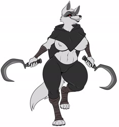 Size: 1918x2048 | Tagged: suggestive, artist:skidddogart, death (puss in boots), canine, mammal, wolf, anthro, dreamworks animation, puss in boots (movie), puss in boots: the last wish, shrek, 2023, arm wraps, big breasts, black sclera, bottomwear, breasts, cape, clothes, colored sclera, featureless breasts, female, leg wraps, looking at you, nudity, pants, partial nudity, paws, red eyes, rule 63, sharp teeth, sickle, simple background, smiling, smiling at you, solo, solo female, teeth, thick thighs, thighs, wraps