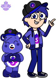 Size: 1637x2265 | Tagged: safe, artist:mrstheartist, oc, oc only, oc:creative bear, bear, fictional species, human, mammal, semi-anthro, care bears, care bears: unlock the magic, black outline, blue hair, cap, care bear, clothes, cute, digital art, duo, duo male, eyes closed, hair, hat, headwear, heart hands, hoodie, humanized, looking at you, male, males only, medibang paint, open mouth, self paradox, show accurate, simple background, species swap, topwear, transparent background, unzipped