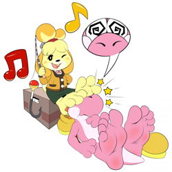 Size: 1922x1917 | Tagged: safe, artist:orionsecurity, isabelle (animal crossing), canine, dog, fictional species, mammal, shih tzu, yoshi (species), anthro, plantigrade anthro, animal crossing, mario (series), nintendo, barefoot, feet, fetish, foot blush, foot fetish, foot focus, shoes removed, soles, toes