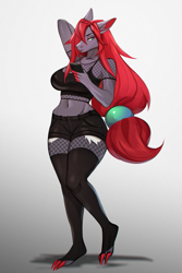 Size: 1567x2351 | Tagged: safe, artist:wienermozart, oc, oc only, fictional species, mammal, zoroark, anthro, digitigrade anthro, nintendo, pokémon, 2023, belly button, bottomwear, breasts, cell phone, claws, clothes, commission, crop top, digital art, ears, eyelashes, female, hair, legwear, looking at you, phone, pose, shorts, simple background, smartphone, solo, solo female, stockings, tail, topwear, white background, wide hips