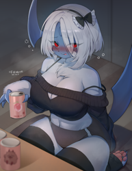 Size: 2160x2800 | Tagged: safe, artist:nyaohha, absol, fictional species, mammal, anthro, nintendo, pokémon, 2023, bedroom eyes, black nose, blushing, bottomwear, breasts, clothes, crop top, detailed background, digital art, drunk, ears, eyelashes, female, fur, hair, horn, huge breasts, kemono, legwear, looking at you, panties, paw pads, paws, red eyes, shorts, sitting, soda can, solo, solo female, sports shorts, stockings, table, tail, thick thighs, thighs, topwear, underwear, white hair, wide hips