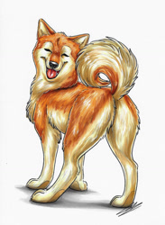 Size: 828x1132 | Tagged: safe, artist:lupiarts, canine, dog, mammal, shiba inu, feral, 2022, 2d, ambiguous gender, butt, cute, eyes closed, open mouth, open smile, signature, simple background, smiling, solo, solo ambiguous, traditional art, white background