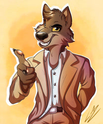 Size: 828x993 | Tagged: safe, artist:lupiarts, mr. wolf (the bad guys), canine, mammal, wolf, anthro, dreamworks animation, the bad guys, 2022, 2d, coat, looking at you, male, paw pads, paws, signature, smiling, smiling at you, solo, solo male, thumbs up, topwear
