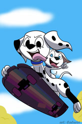 Size: 844x1280 | Tagged: safe, artist:caluriri, cadpig (101 dalmatians), dolly (101 dalmatians), canine, dalmatian, dog, mammal, feral, 101 dalmatian street, 101 dalmatians, disney, 2d, duo, duo female, female, females only, gesture, group, puppy, skateboard, tongue, tongue out, v sign, young