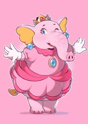 Size: 1447x2048 | Tagged: safe, artist:saiwoproject, princess peach (mario), elephant, mammal, anthro, mario (series), nintendo, 2023, 2d, bottomwear, clothes, crown, double outline, dress, front view, gloves, headwear, jewelry, one eye closed, pink body, regalia, signature, standing, super mario bros. wonder, three-quarter view, ungulate, winking