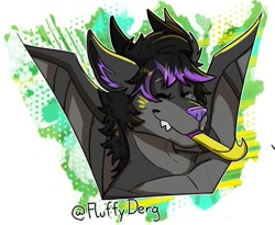 Size: 999x818 | Tagged: safe, artist:arkentian, oc, oc only, dragon, fictional species, furred dragon, anthro, abstract background, black body, black hair, eyes closed, fangs, hair, happy, headshot, horns, male, multicolored hair, purple hair, purple nose, scales, sharp teeth, solo, solo male, teeth, two toned hair, wings